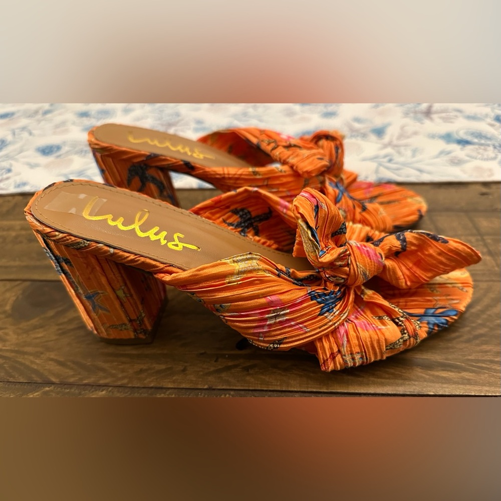 LuLus Dorothea Orange Print Knotted High Heel Sandals - Size 8